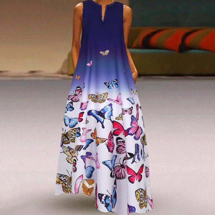 Casual Butterfly Print V Neck Sleeveless Vintage Boho Dress Bohemain Maxi Dresses For Women