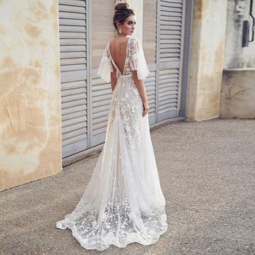 fashion elegant evening gown Formal Long Evening Dress Lace v-neck white Vestidos Women Party Gown abiye gece elbisesi