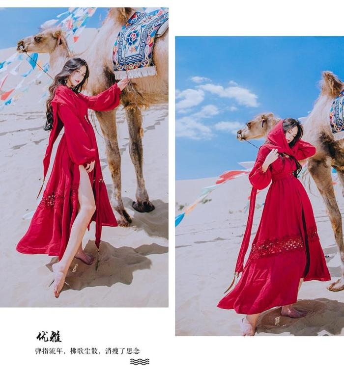2020 Women Vintage Red Dress Hollow out Lace Hooded Loose Slit Midi Vacation Dresses