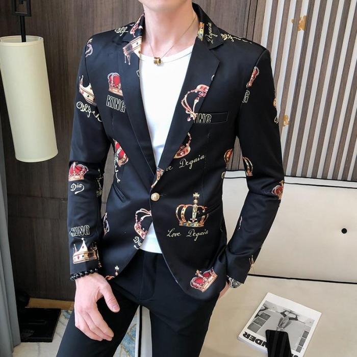 Spring Clothes Individual Crown Print Men's Small Suit Korean Style Slim Fit Blazer Jacket