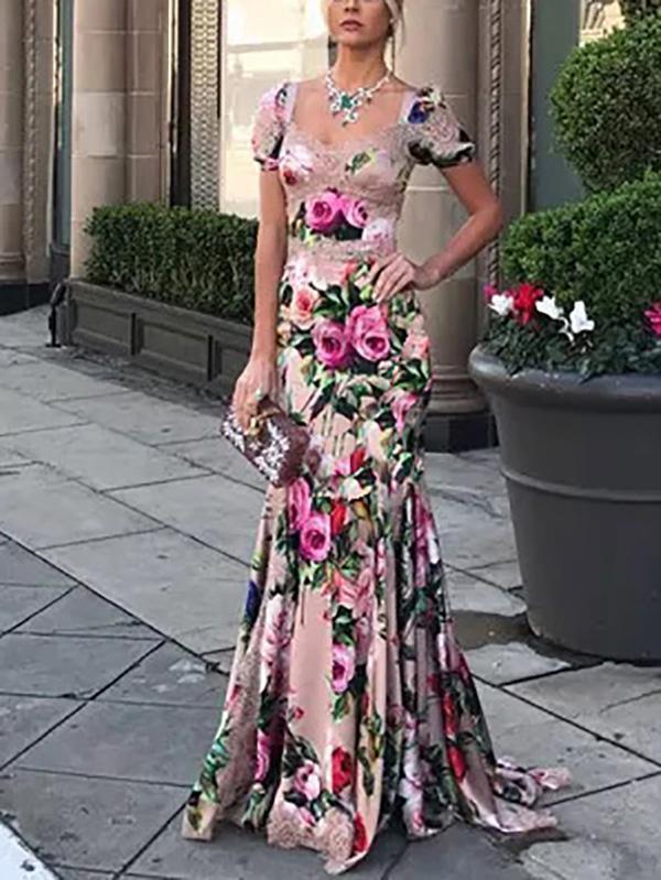 Fashion Sexy floral printed Fishtail Evening Dress Maxi Dress