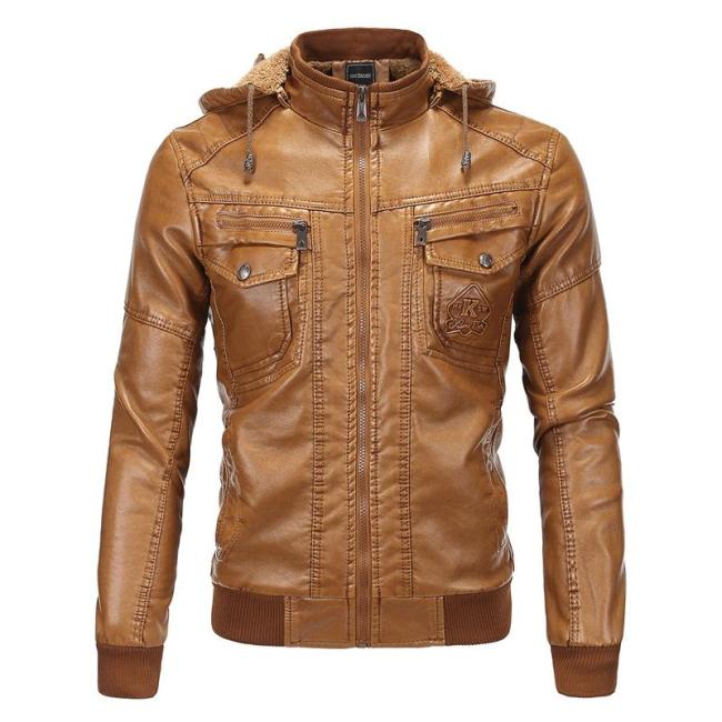Men'S Clothing Leather Jacket Velvet Warm Winter Leather Hooded Fur Coat 1259