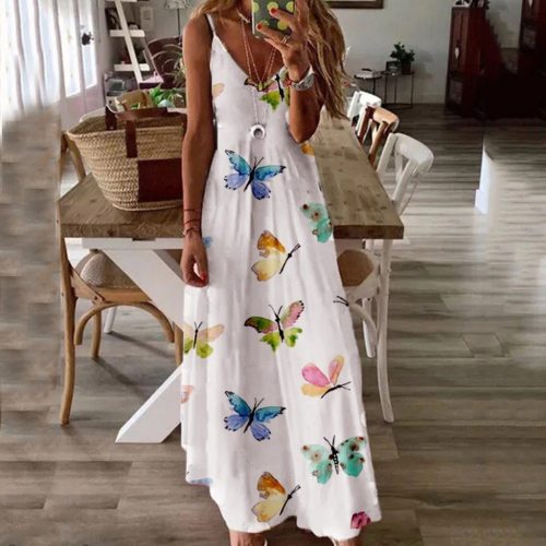 Butterfly Print Spaghetti Strap Party Dress 2020 New Boho V-neck Beach Long Maxi Dresses