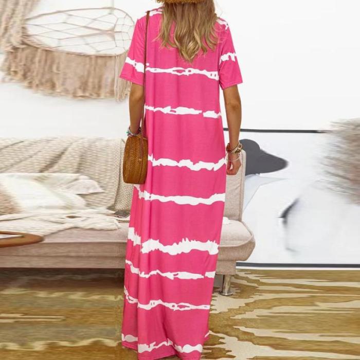 Boho Striped Print V Neck Long Party Casual Beach Maxi Dress