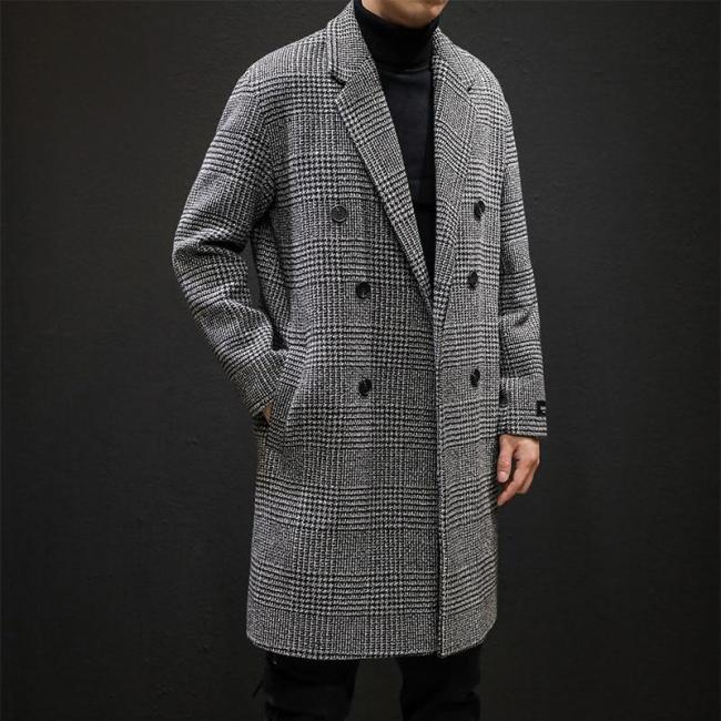YASUGUOJI Casual Double Breasted Mens Wool Overcoat Winter 2019 Houndstooth Jacket Men Turn-down Collar Long Woollen Wind Coat