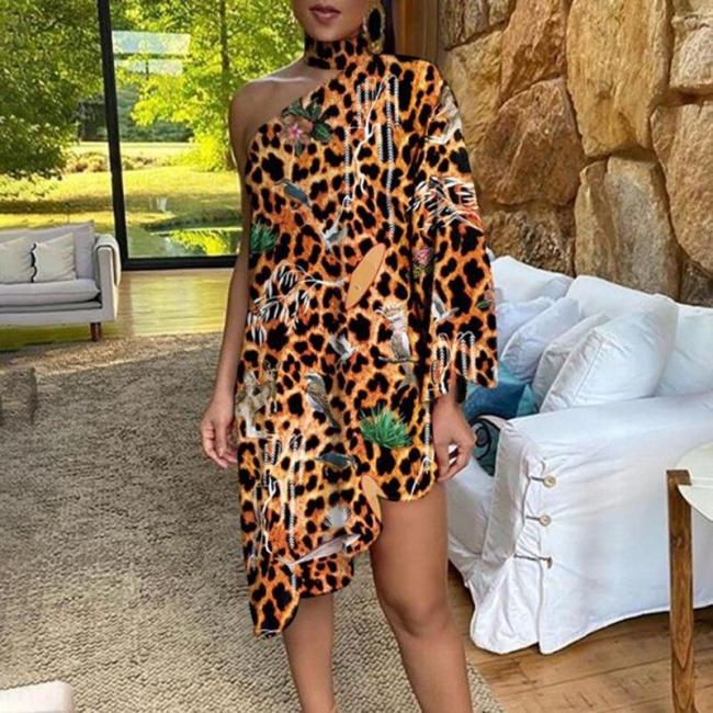 One-shoulder Long Sleeve Party Dress Women Leopard Peacock Print Ruffle Summer Dress Party Dresses