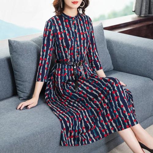 2019 autumn new retro wave dot stripe printed slim knit dress female large size M-5XL high quality elegant  vestidos
