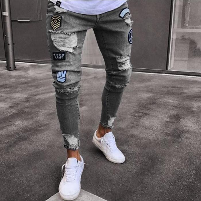 Fashion Embroidered Badge Elastic Shredded Young Slim Jeans