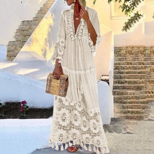 Casual Party Bohemian Large Size V-Neck Solid Lace Tassel  Maxi  Dress