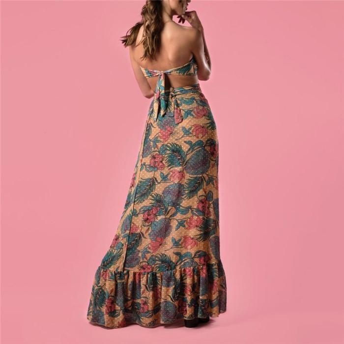 Sexy Wrapped Chest Printed Vest Skirt Suits Evening Dress