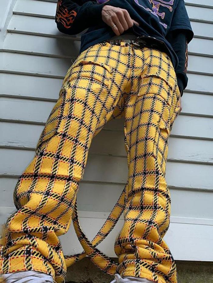 Yellow plaid casual mens pants TT010