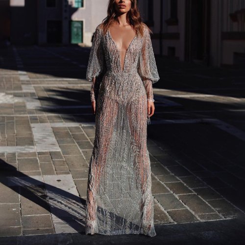 2019 speed sell wish eaby women's new temperament Slim deep V-neck long evening dress