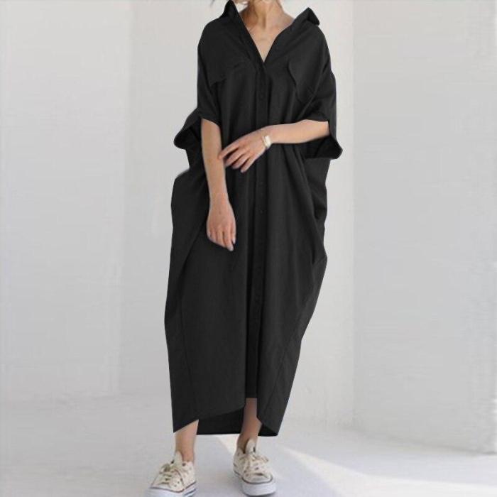 Solid Shirt Dress Women's Casual Sundress 3/4 Sleeve Lapel Robe Plus Size 5XL Maxi Dresses