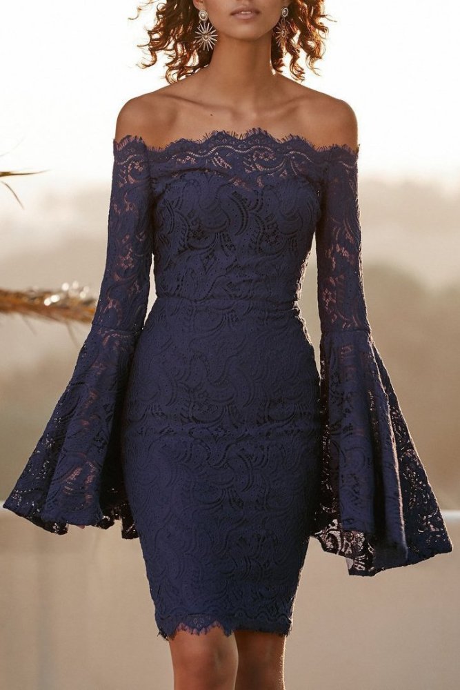 Elegant Chic Slim Lace Off Shoulder Flare Long Sleeve Bodycon Evening Dress