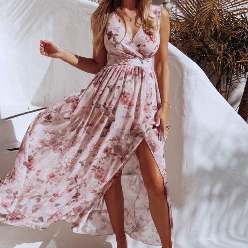 2020 Sexy V Neck  Boho Floral Printed High Split Sleeveless Maxi Dress