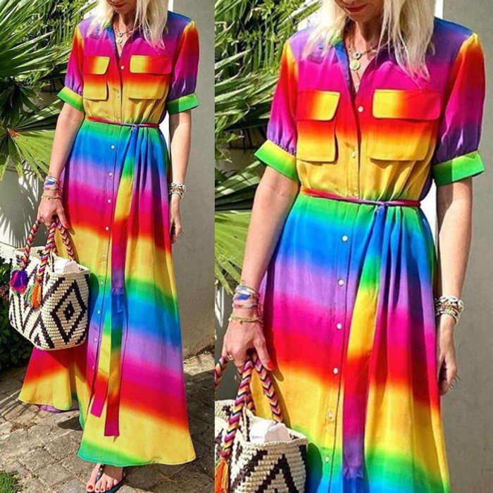 Tie-dye Print A-line Boho Beach Short Sleeve Office Shirt Dress Long Party Maxi Dresses