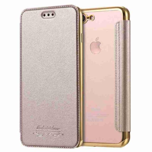 Plated Frame Clear TPU Back + Front PU Leather Case For iPhone Card Slot Flip Wallet Case
