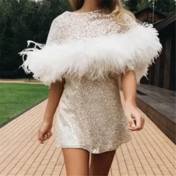 Fashion Round Neck Short Sleeve Feather Mini Dress