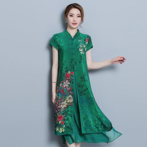 Temperament Printing Elegant Women Dress 2018 New Summer High End Double Silk Improved Cheongsam Short Sleeve Dresses Plus size