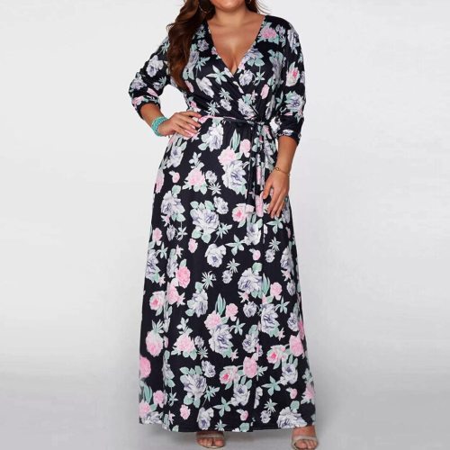 Women Plus Size Print V-Neck Long Sleeve Bandage Split Loose Maxi Long Maxi Dresses