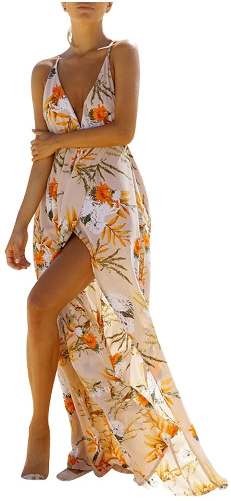 BerryGo Women's Sexy Deep V Neck Backless Floral Print Split Maxi Party Dress