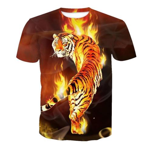 3D Flame Tiger Print Men Funny Casual Short Sleeve T-shirt Tee Tops