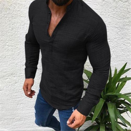 Fashion Masculine Plain V Button Collar Long Sleeve Shirt Top