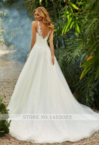 Eightale Vintage Wedding Dresses Backless V-Neck Appliques A-Line Tulle Robe De Mariee Simple Lace Wedding Gowns Bridal Dress