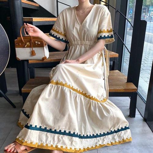 V Neck Vestidos Casual Retro Dresses Loose Drawstring Waist A-line Dress Short Sleeves Maxi Dresses