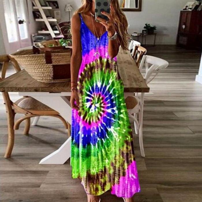 O-Neck Casual Tie-Dye Printed Beach Sundress Vest Maxi Dresses 5XL