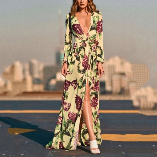 Sexy Deep V Neck Floral Printed Long Sleeve Maxi Dress