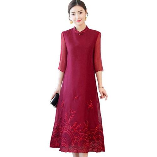 2019 Summer Silk Dress Vintage Temperament Slim Mid Long Dress Improved Cheongsam Plus Size Embroidery High Quality Dresses