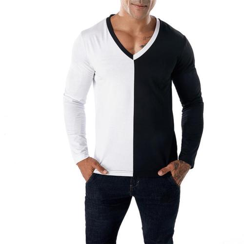 Personalized Stitching V-Neck   Pullover Slim Long-Sleeved T-Shirt