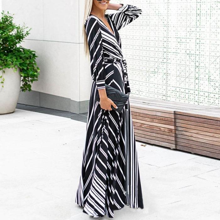 Women's fashion V-neck contrast color striped print dress