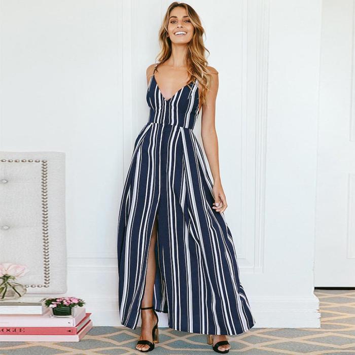 Strap Dress Summer 2019 Sexy Backless Striped V Neck Long Dress Women Sleeveless Casual Beach Dress Party robe femme