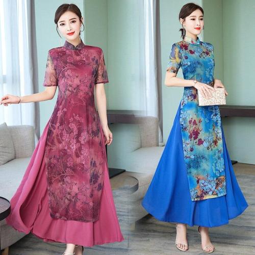 Silk dress 2019summer new female Chinese style retro fake two-piece dress large size M-4XL high quality fashion elegant vestidos