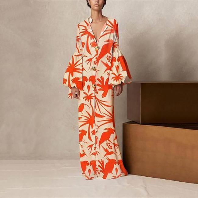 V Collar Long-Sleeved Printing Loose Casual Maxi Dress Evening Dress