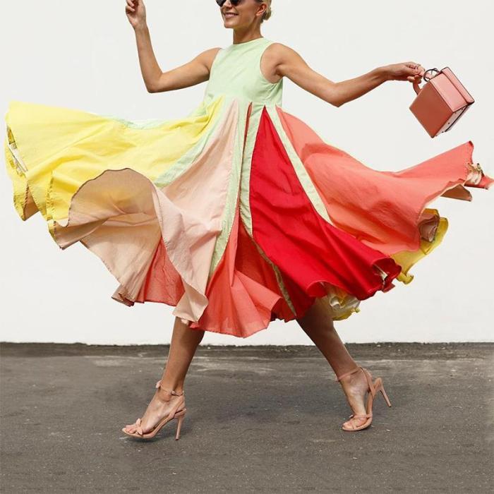 Women's Contrast Color Sleeveless Round Neck Maxi Dresses