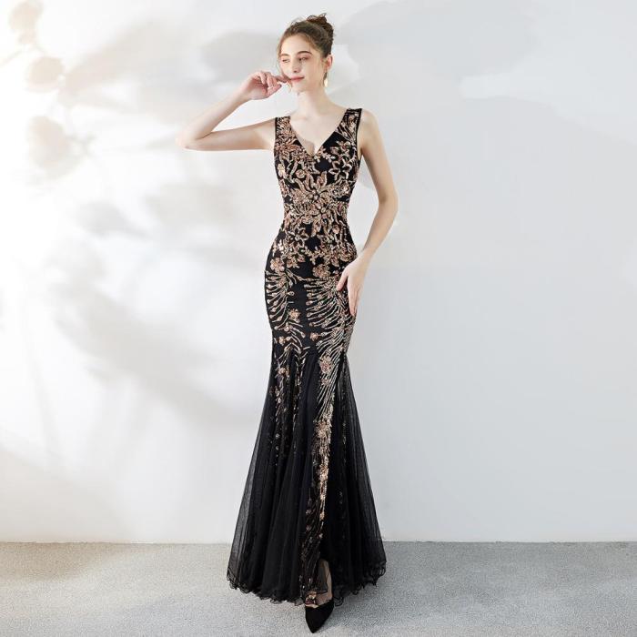 Luxury Floral Sequins Mermaid Evening Dress Sexy Women V Neck Backless Sleeveless Elegant Long Party Gowns Robe De Soiree