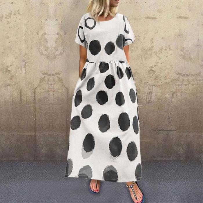 Cotton And Linen Dot Printing Round Collar Short Sleeve Long Dress