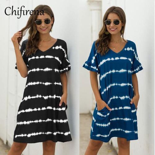 Chifirena Casual Tie Dye Striped Print Dress with Pocket Summer Loose Ruffles Sleeve Sundress Beach Holiday Elegant Vestidos
