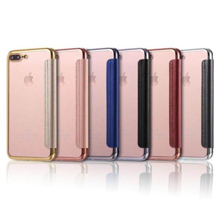 Plated Frame Clear TPU Back + Front PU Leather Case For iPhone Card Slot Flip Wallet Case