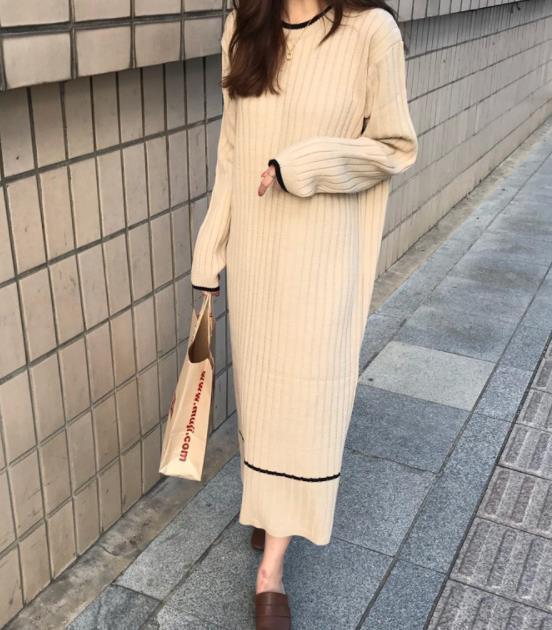 Fashion Simple Loose Long Sleeves Knitted Maxi Dress Evening Dress