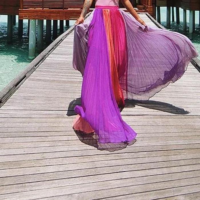 Bohemian Splicing Contrast Color Pleated Chiffon Skirt Evening Dress