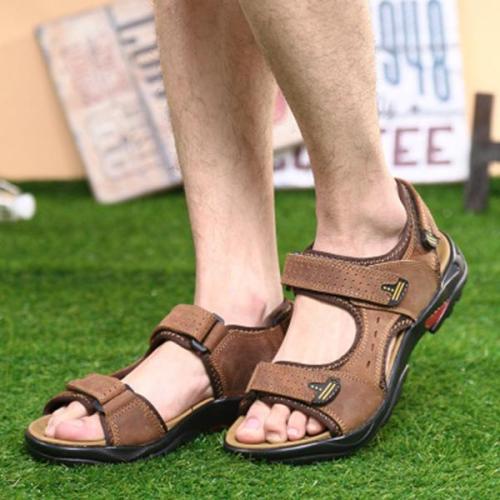 Men Hook and Loop Fastener Leather Breathable Sandals Outdoor Beach Shoes