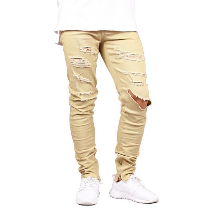 Solid Casual Hole Zipper Jeans