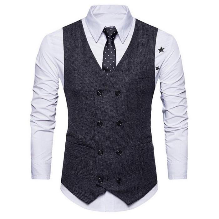 Autumn Men's Fashion Vintage Double-breasted Suit Vest New Sleeveless Business Party Slim Fit Waistcoat
