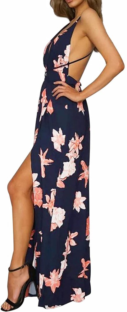 BerryGo Women's Sexy Deep V Neck Backless Floral Print Split Maxi Party Dress