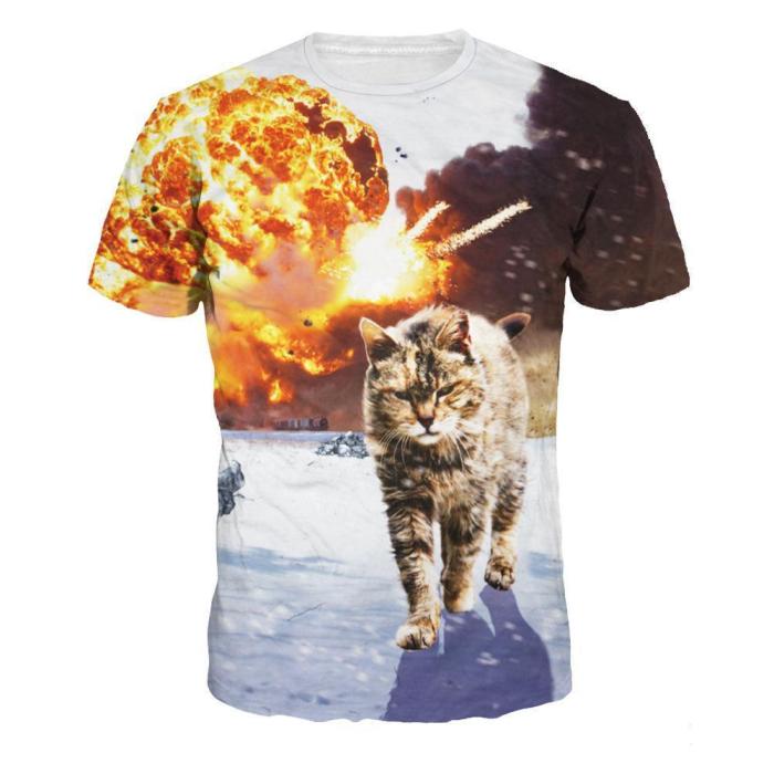 3D Explosion Cat Printed Casual Short Sleeve T-shirt