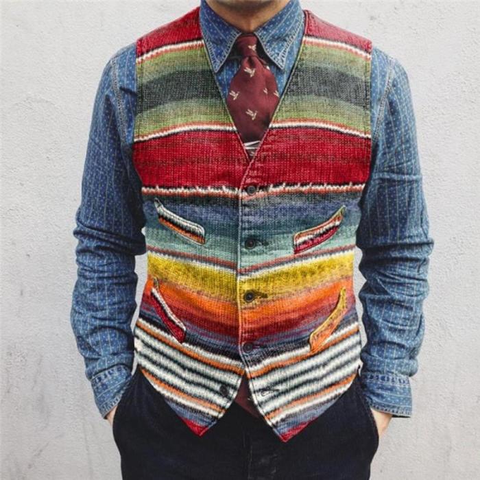 Flashmay Casual striped colorblock single-breasted men's vest